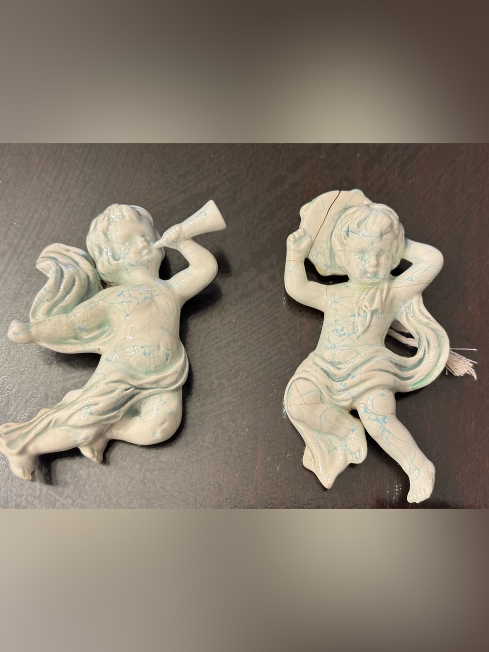 Vintage Ceramic Cherub Angel Wall Art Pair in Pale Blue and Cream